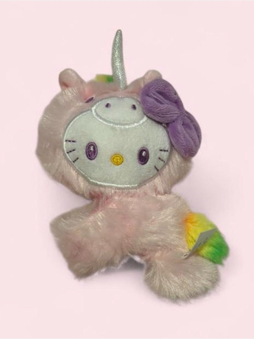 Hello Kitty Plush in Pink Unicorn Outfit with Purple Bow and Rainbow Tail